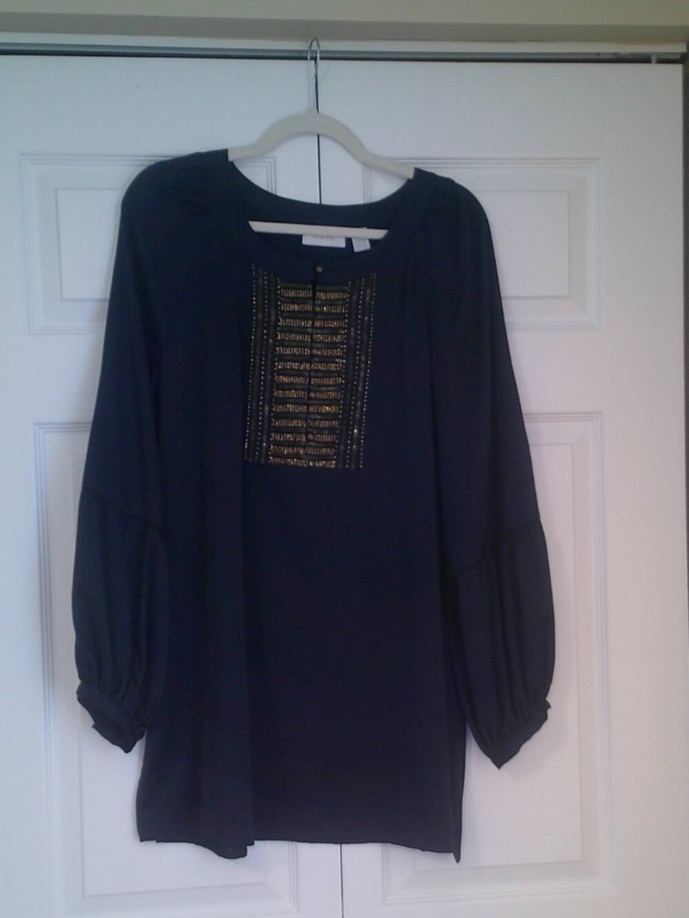 Chicos Navy Satin Beaded Bib Tunic Long Sleeve Size 2 / L / 12-14